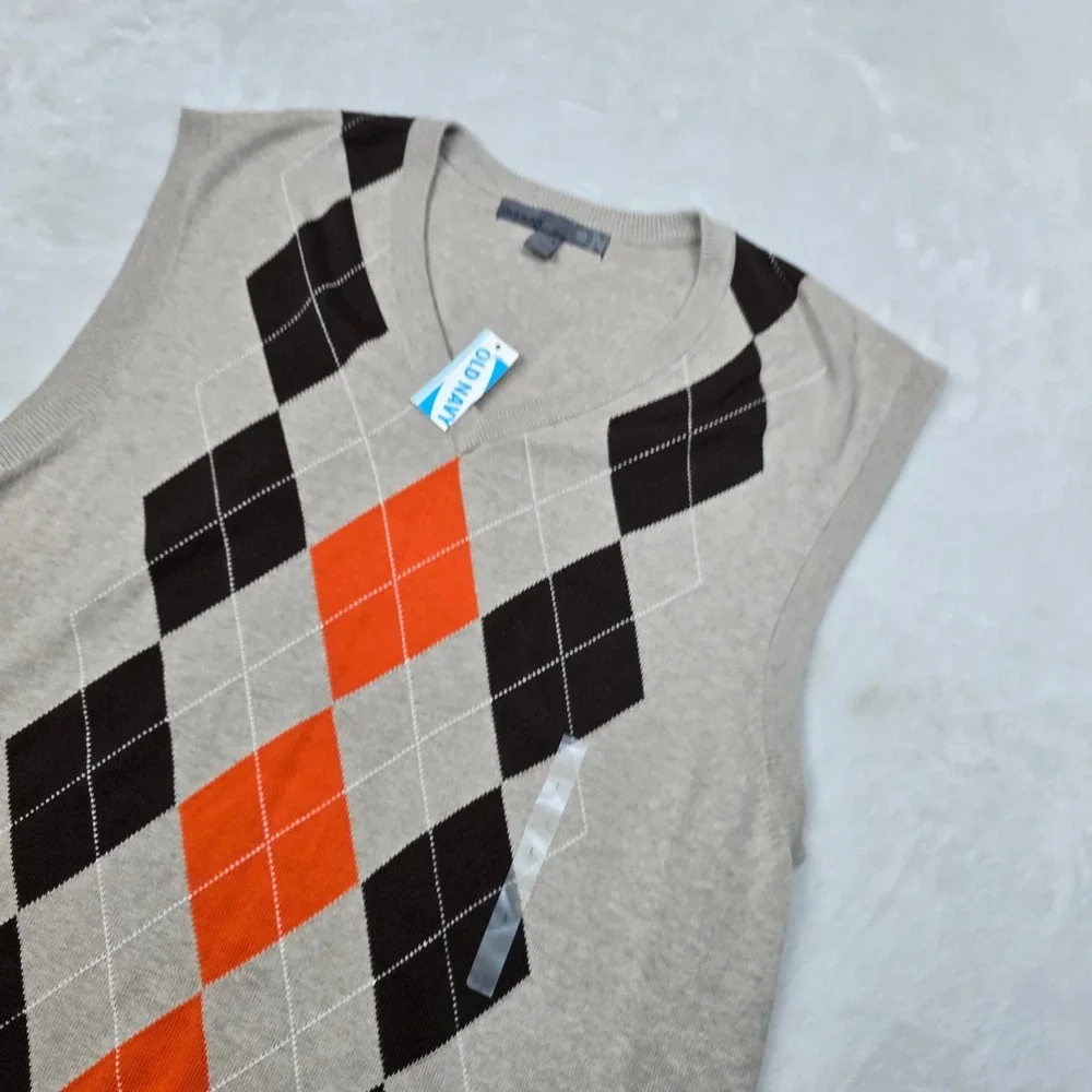 Old Navy Argyle Sweater Vest Mens Large Tan Orange Black‎ V Neck NEW